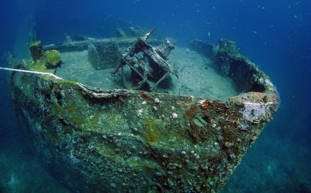 Bow of the Veronica wreck as it rests along the sandy bottom in Grenada