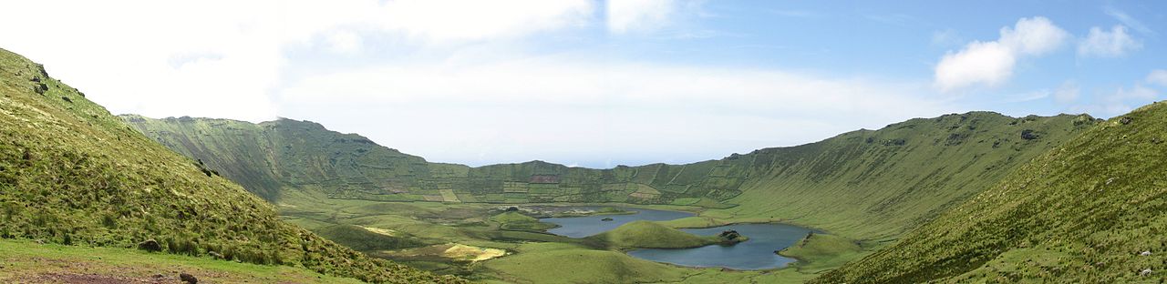 A panoramic view of the Corvo Island Crater from the rim around Malaguetas showing the remnants of the last Plinian eruption
