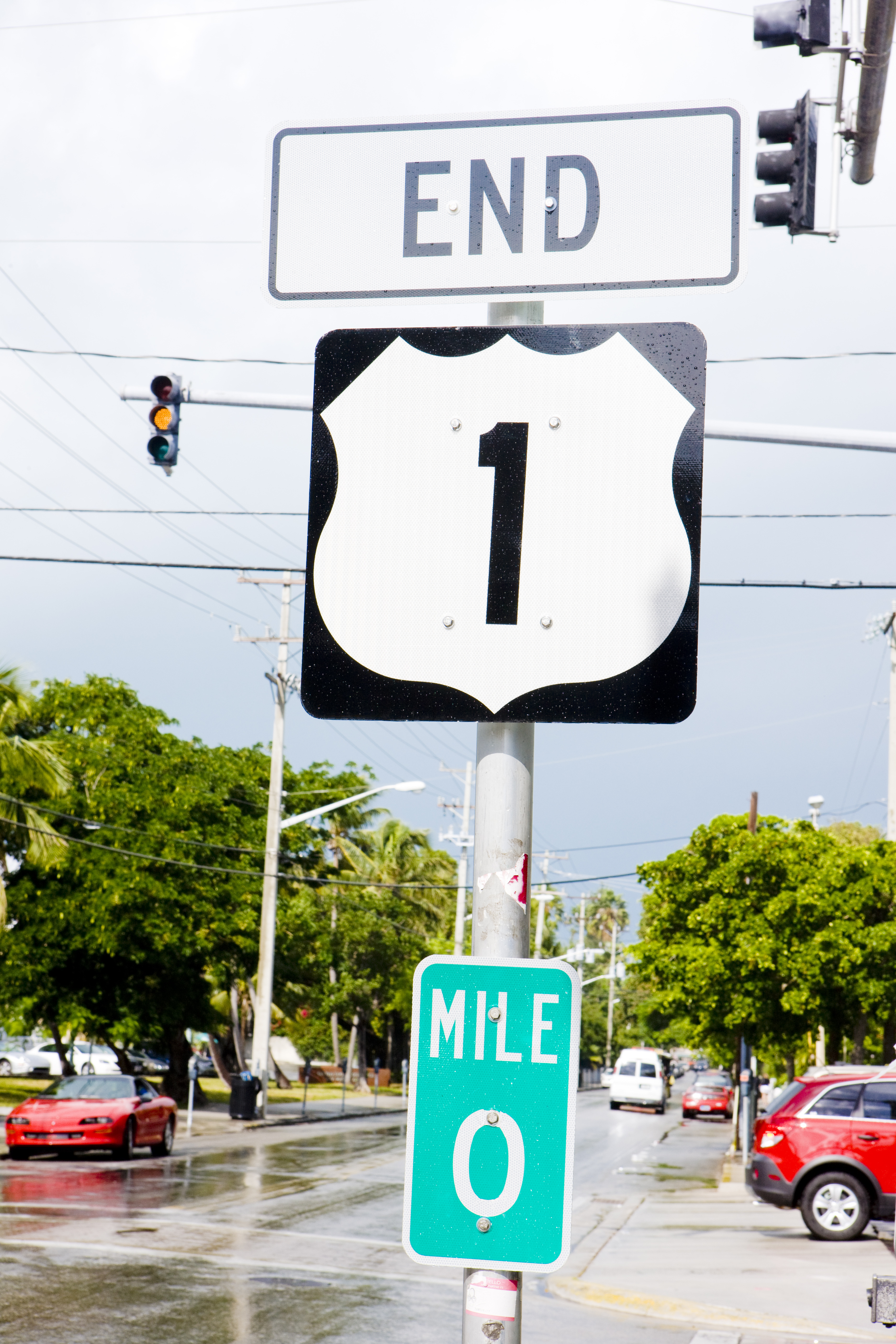Mile Marker Zero lays at the intersection of Fleming Street and Whitehead Street in Key West, Florida marking the end of U.S. Highway One; approximately 2,400 miles from the highway's start in Fort Kent, Maine.
