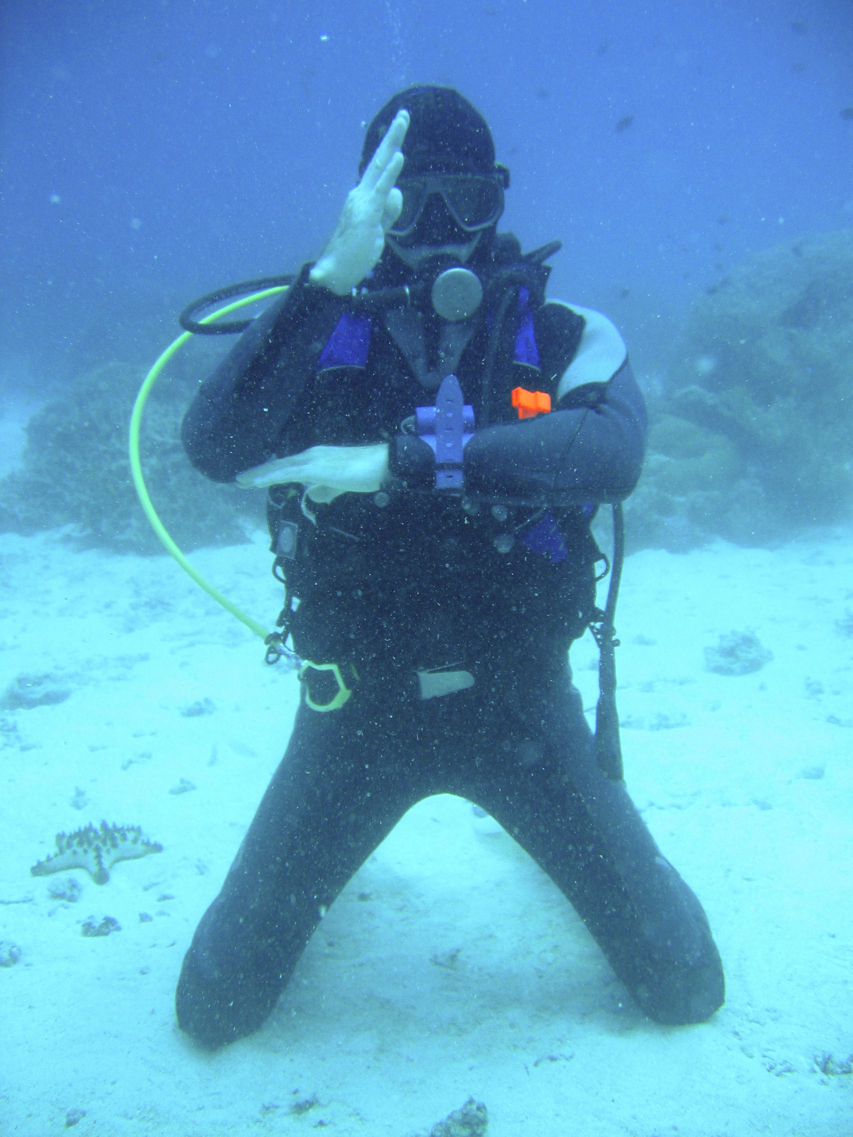 Male dive instructor uses the lay down scuba hand signal to help train his dive students