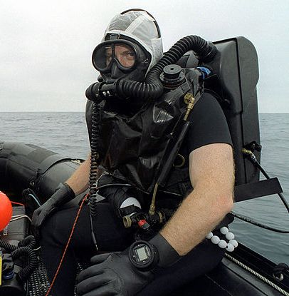 Male diver uses oxygen rebreather off the coast of Southern California