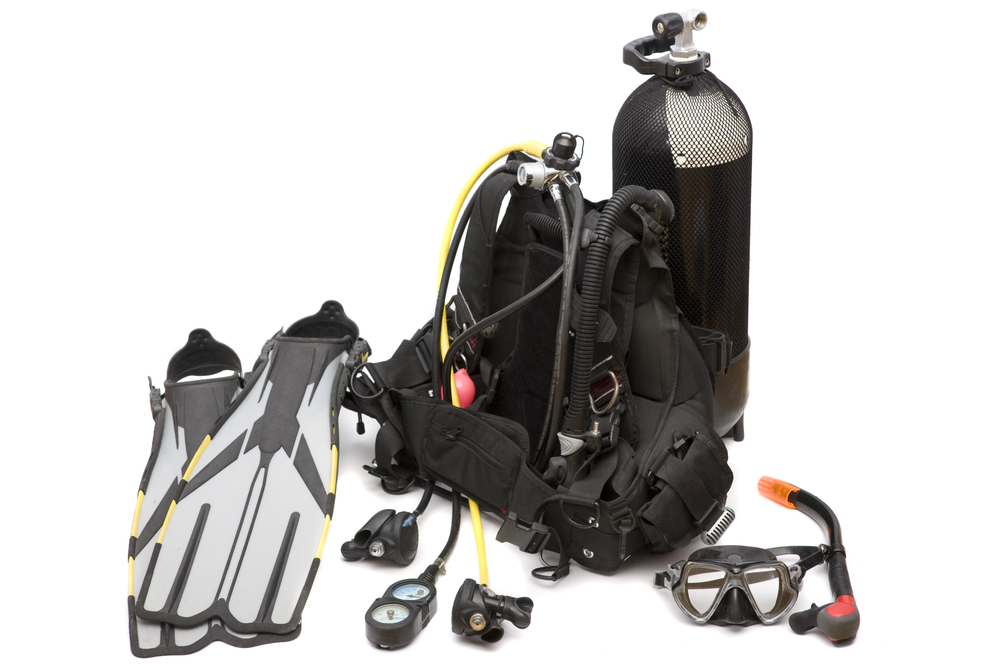A basic dive gear kit including tank, bc, regulator, dive computer, mask, fins, snorkel and more