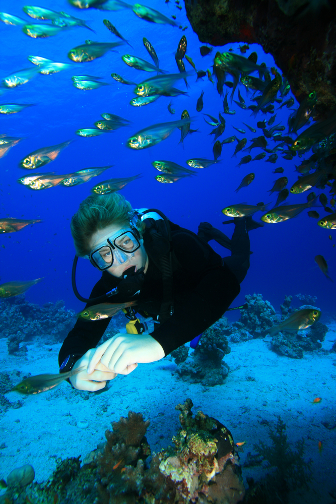 Male diver practices streamlining his profile as he swims amongst a school of fish