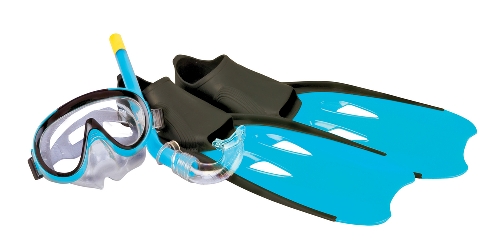 A scuba mask, snorkel, and fins in bright turquoise blue 
