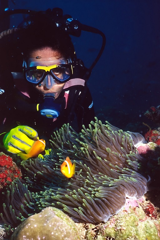 Female diver looks on as she watches the clownfish interact with the anemone at Phuket&#039;s anemone reef dive site.