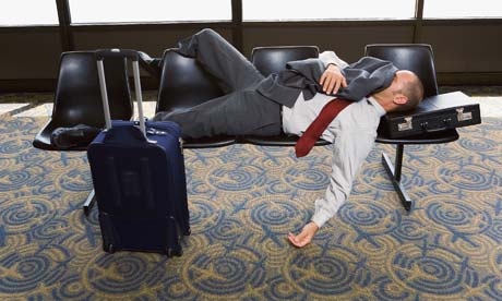 Diver tries sleeping at airport in an attempt to reduce his jet lag so that he can enjoy his upcoming vacation