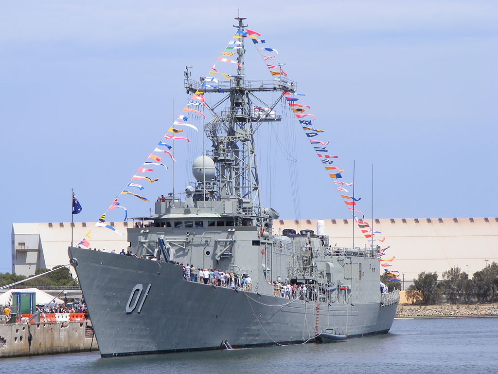 The HMAS Adelaide sits at a dock in Port Adelaide before her sinking to creating an artificial reef for local marine life