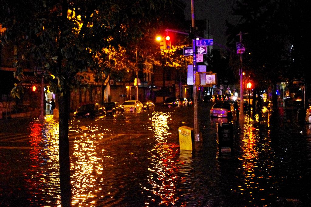 New York City's East Village flooded at East 6th Street and Avenue C prior to explosion of Con Edison power substation