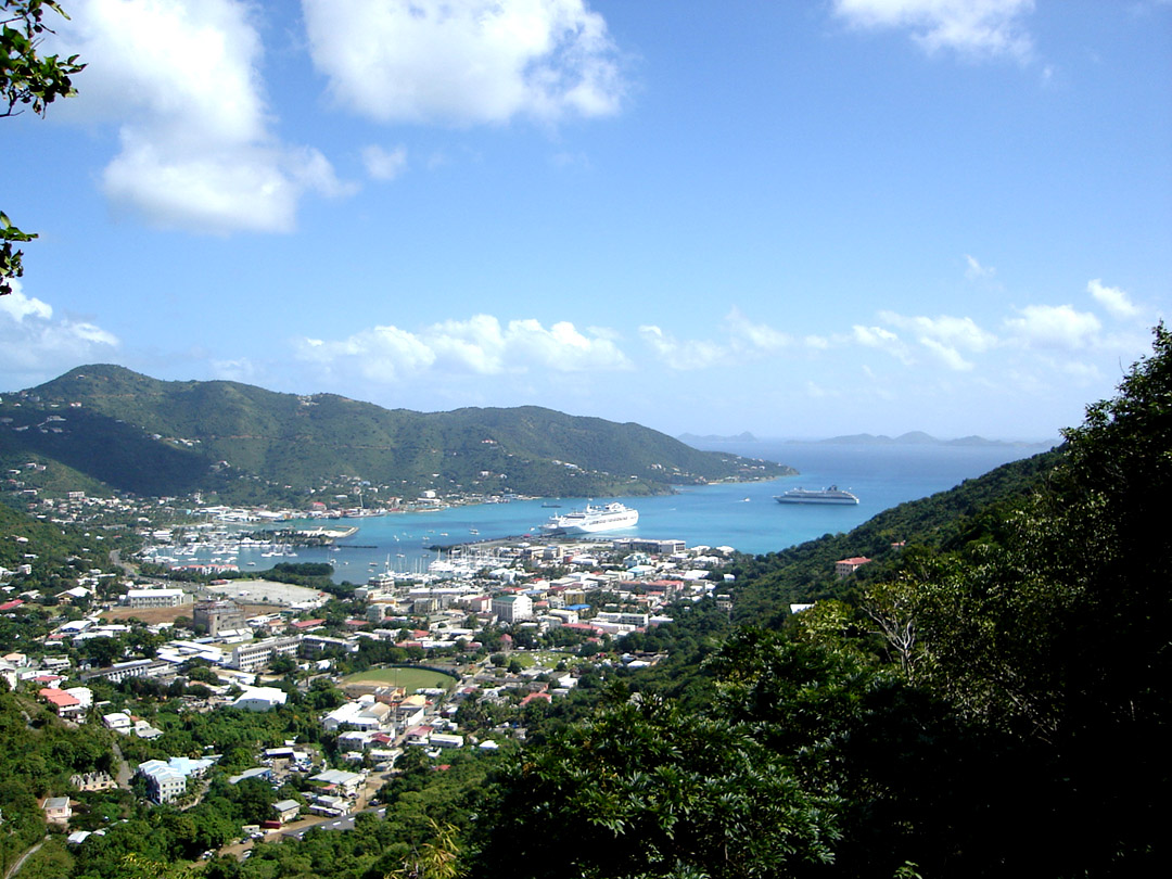View of port, mountains, and landscape in British Virgin Island's Tortola, a Caribbean Paradise
