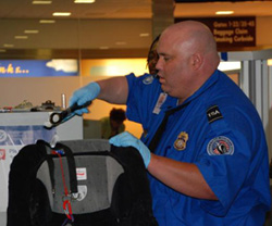 A male TSA agent at an airport security checkpoint searches a passenger's bag to ensure that the contents do not violate the airport security reglations
