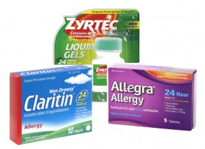 Popular over the counter allergy medications including Claritin, Zyrtec-D, and Allegra