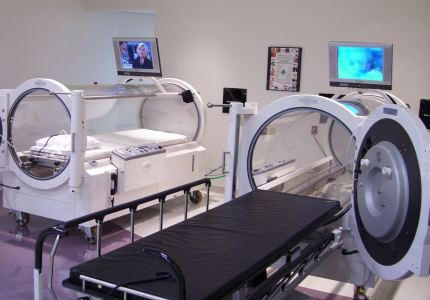 Two hyperbaric chambers used to deliver hyperbaric oxygen treatment to divers suffering from DCS and/or AGE