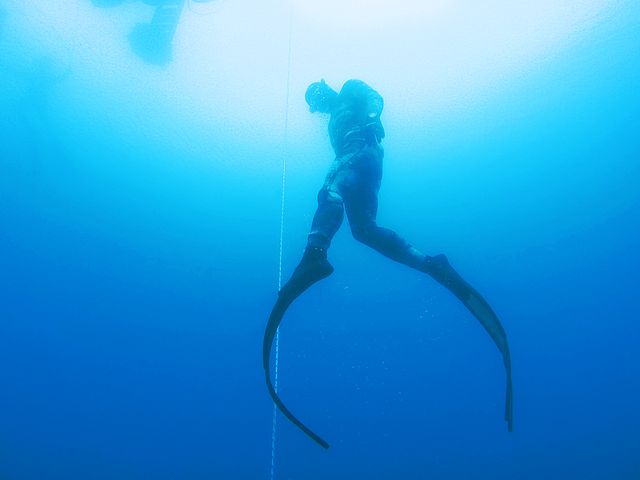 Freediver practices skills he learned in his freediving training course
