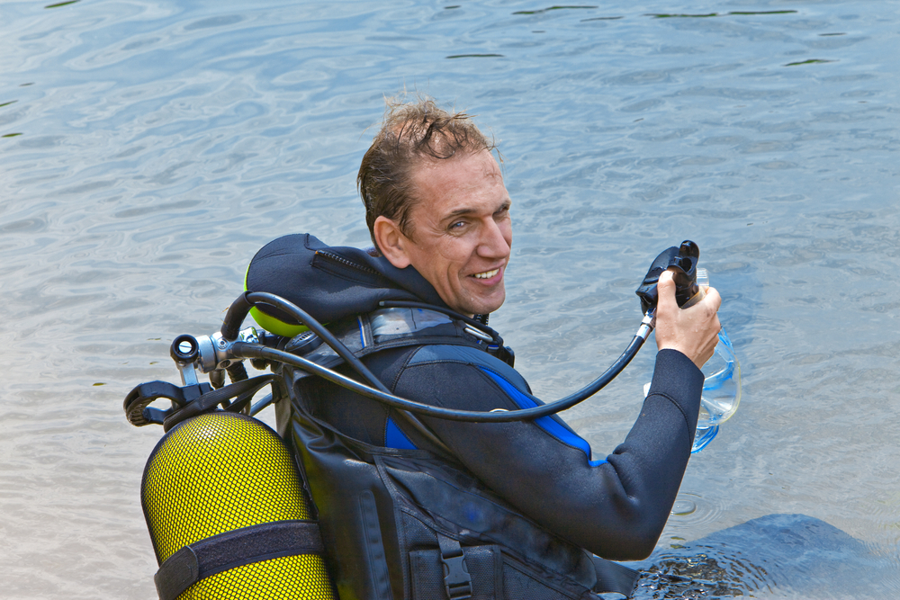 Diver preparing to enter the water for his first altitude dive