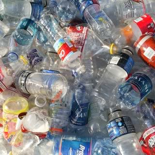 A collection of plastic bottles which has been proven to be hazardous to the health of humans and marine life.