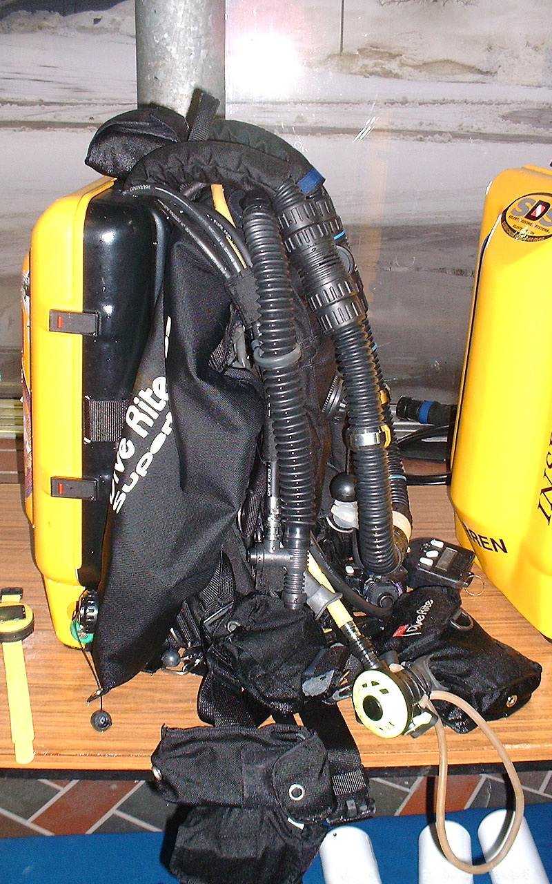 Fully closed circuit rebreather (CCR) on a bench waiting to be donned by its owner