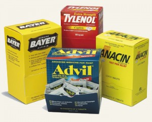 Common over the counter pain relievers including: Advil, Tylenol, Bayer, and Anacin