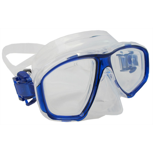 A scuba mask with built in prescription lenses with a blue border