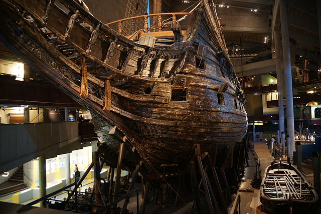 A 17th century sweedish warship, the Vasa, salvaged by maritime archaeologists, now displayed in the Vasa Museum in Stockholm