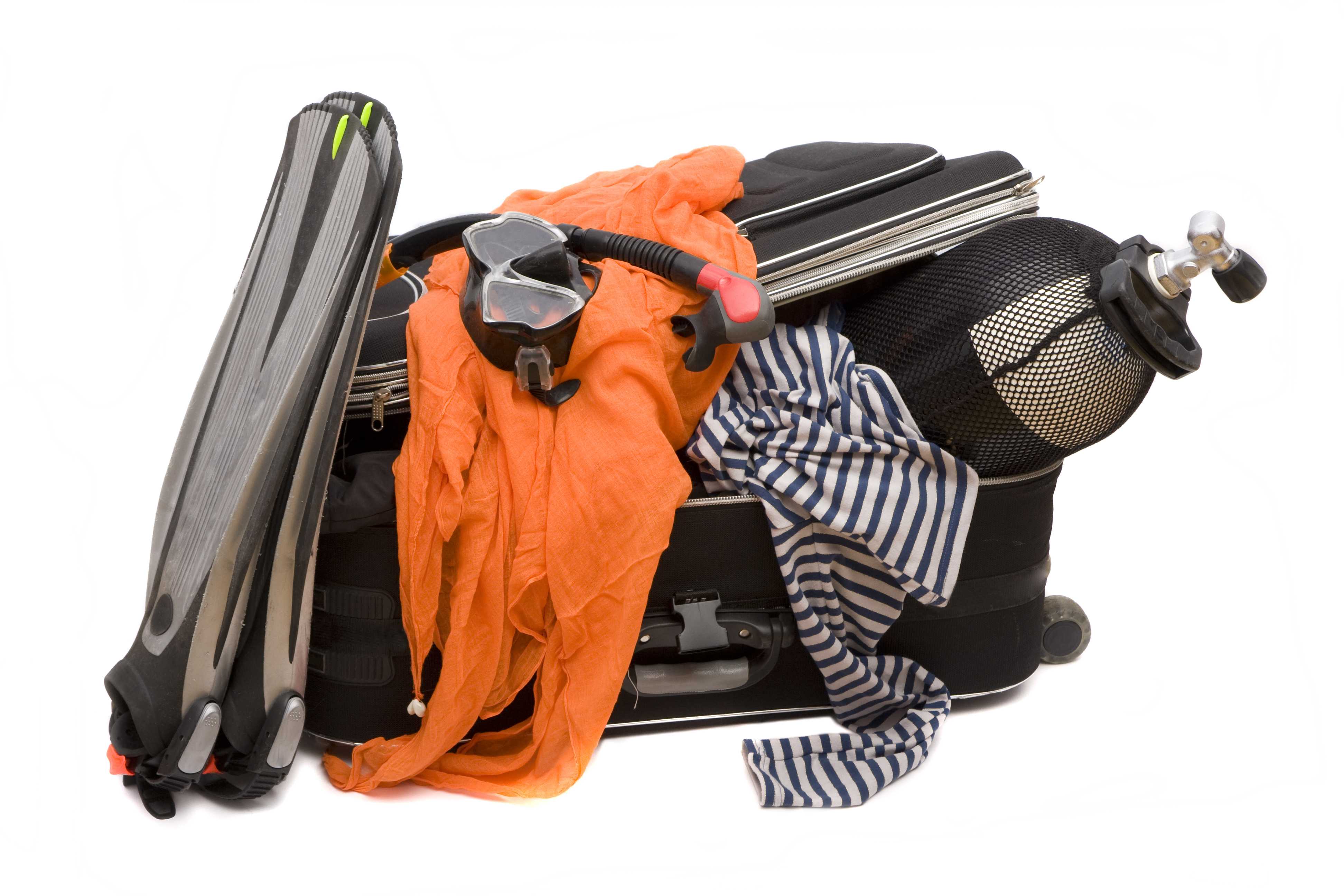A scuba gear bag with several pieces of dive equipment ready to be packed safely