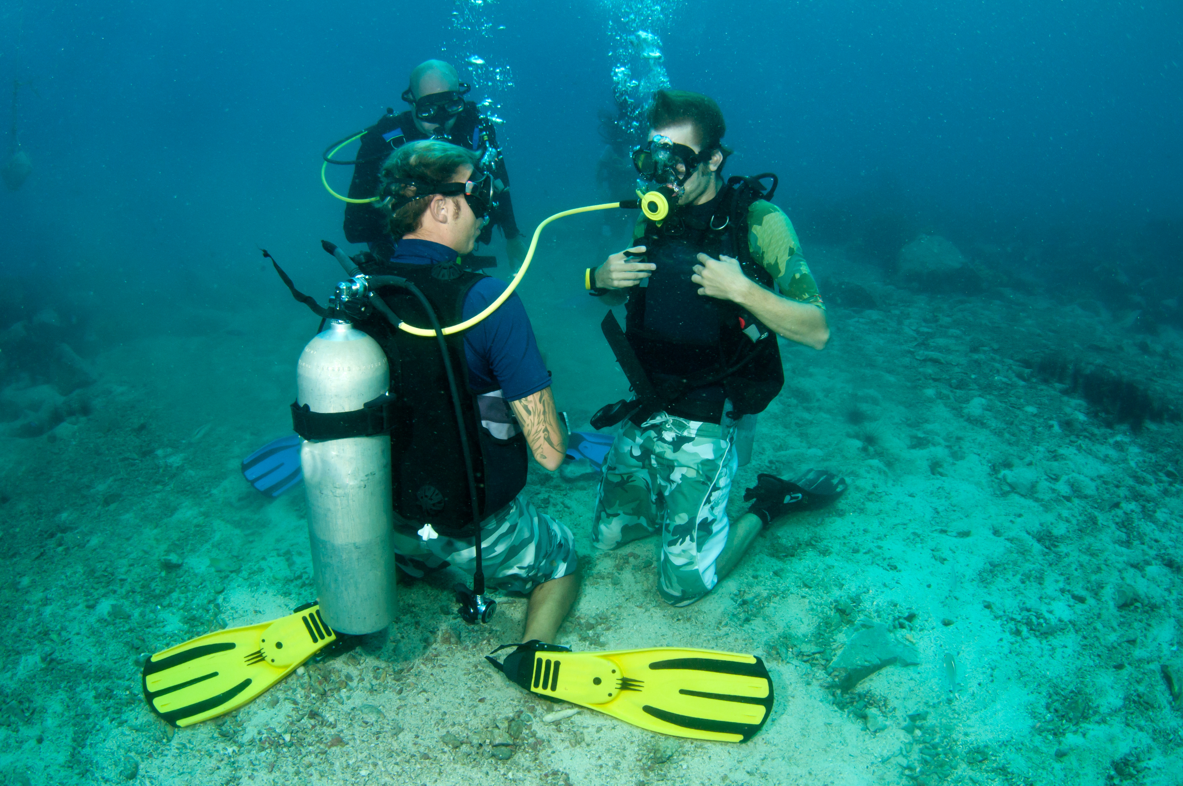 Diver provides his out-of-air dive buddy with his octopus so that he can breathe and then begin to make their way towards the surface