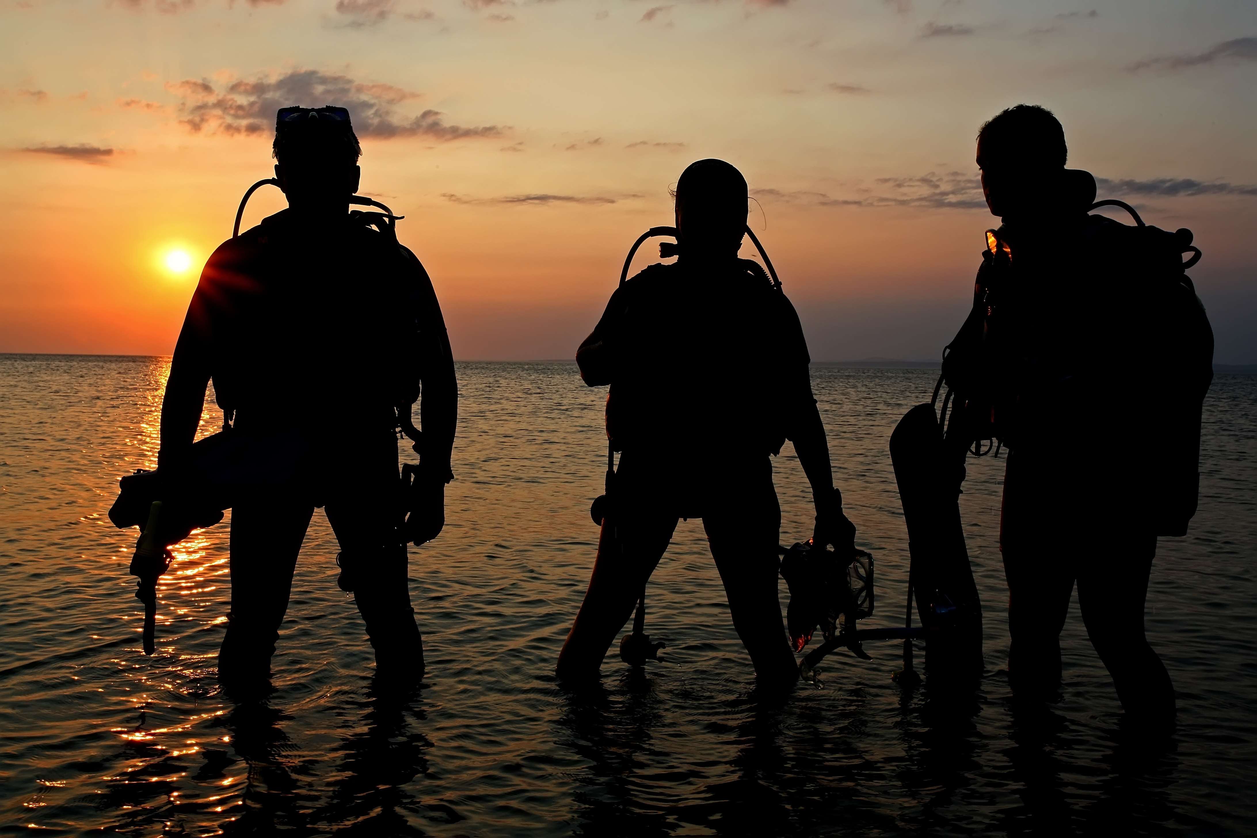 Three divers kit up and begin their dive at sunset, enjoying all that night diving has to offer 