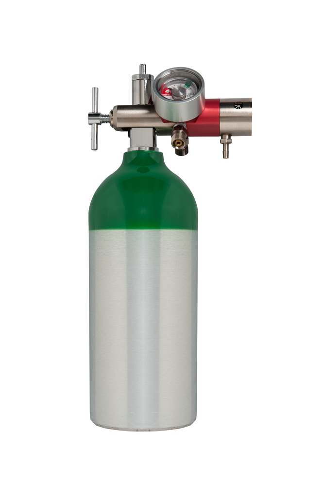 Oxygen tank with pure oxygen which is given to divers experiencing a medical emergency, often before entering a hyperbaric chamber if required
