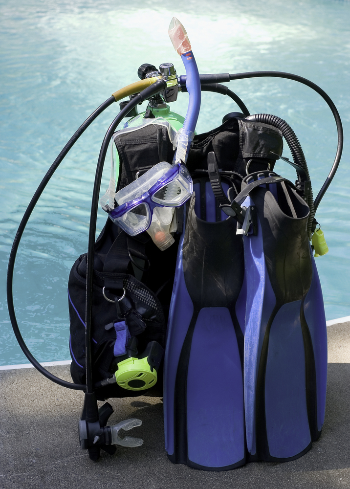 Modern dive gear set including tank, bc, regulator, mask, fins, snorkel 