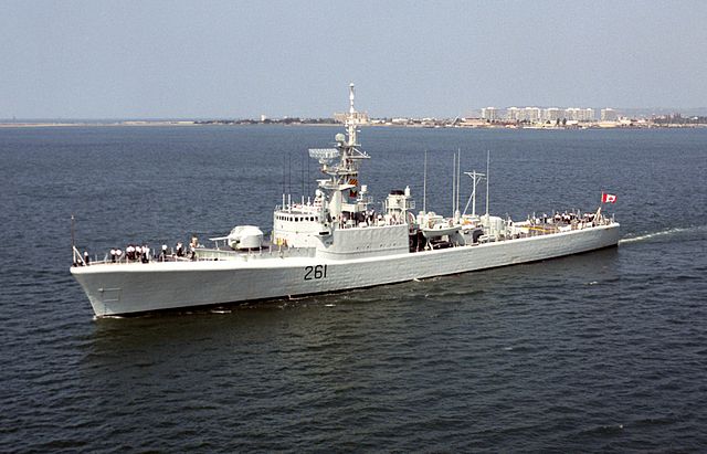 The HMCS MacKenzie moving along the California coastline before being sunk in 1995