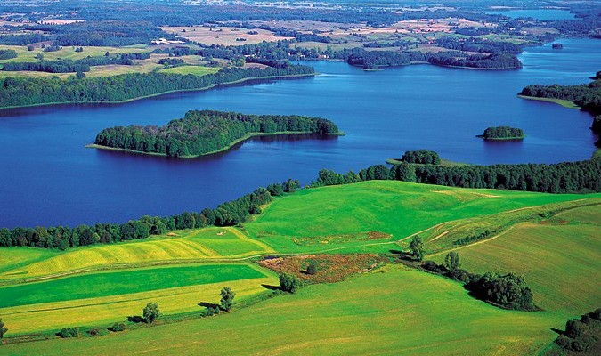 Aerial view of the Masurian Lake District along the Poland-Lithuania border 