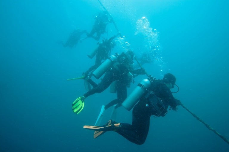 Several wreck divers complete their safety stop at the HMCS Yukon wreck in San Diego, California