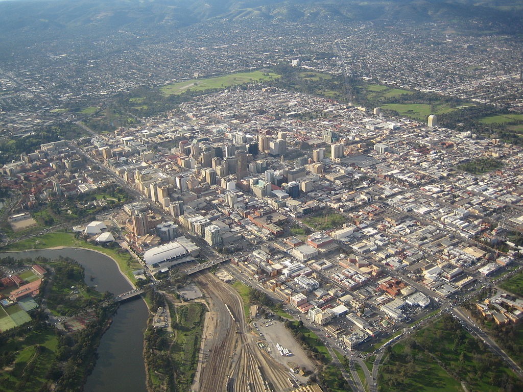 Aerial view of the city center of Adelaide, Australia