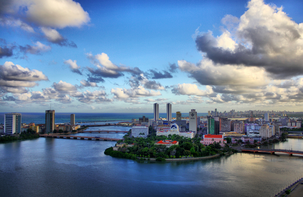 Aerial view of Recife, Brazil with its beautiful bridges and captivating skyline