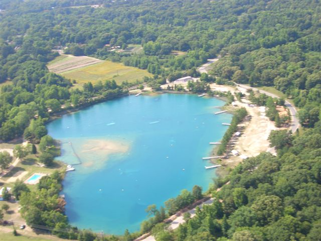 Aerial view of Athens Scuba Park in East Central Texas with amazing sunken attractions such as C-140 jet and spectacular topside amenities