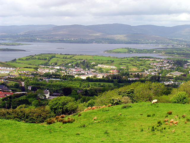 Topside view of southwest Ireland's Bantry Bay surrounded by villages and towns