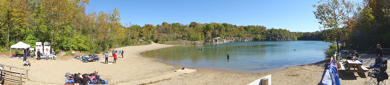 Panoramic view of France Park in Logansport, Indiana with beach area, picnic tables, and more
