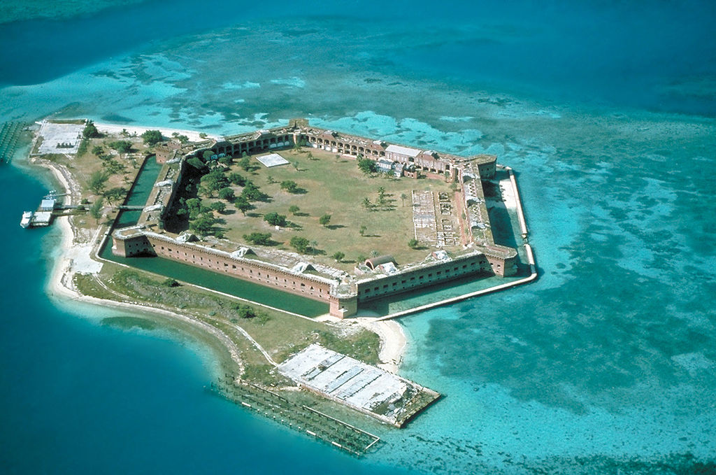 Aerial view of Fort Jefferson Monument in the clear blue waters of Florida's Dry Tortugas