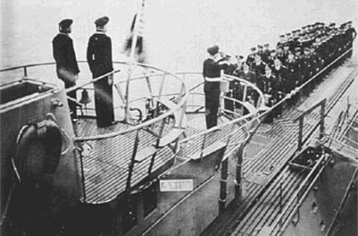 The German U-853, also known as "The Tightrope Walker", with her crew aboard getting ready for their next mission