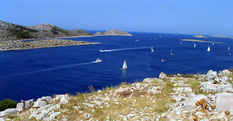 Panoramic view of the Kornati Islands National Park in Croatia with an abundance of boats navigating the waterways