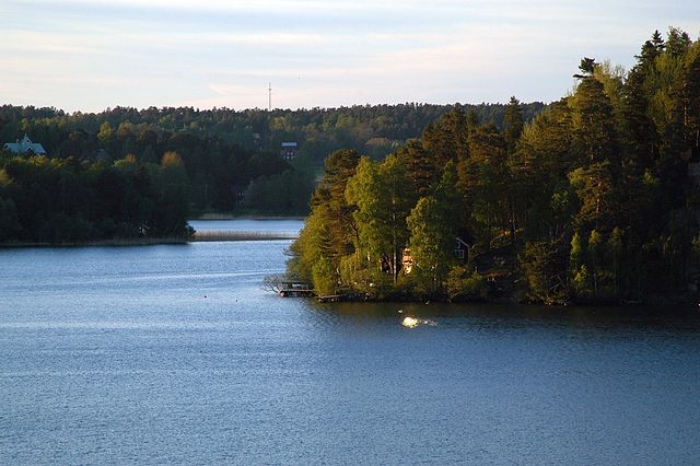 Panoramic view of Lake Malaren in Sweden surrounded by lush greenery