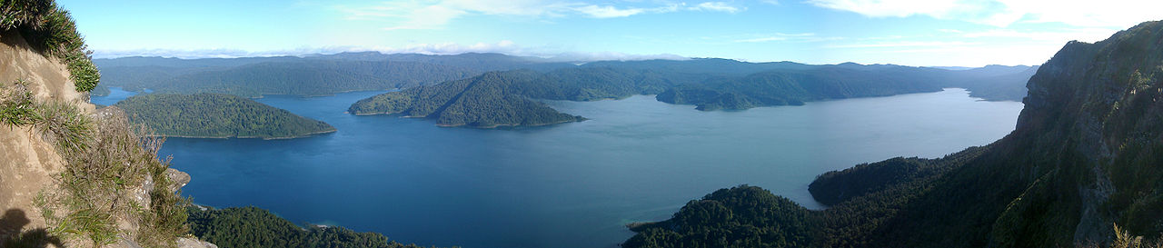 Panoramic view of Lake Waikaromoana in New Zealand's Te Urewera National Park on North Island taken from Panekiri Bluff