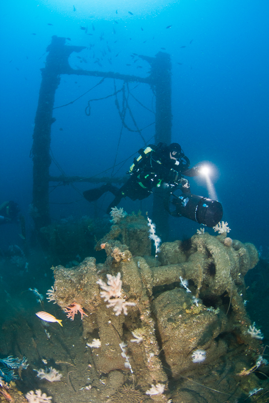 Australian technical diver explores the winch of the MV Fairwind off South West Rocks, Australia