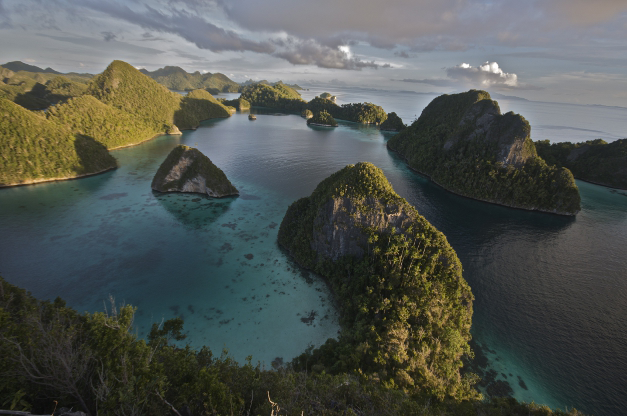 Panoramic view of Raja Ampat Islands with its crystal clear blue waters which are known for having the most abundant marine life on the planet