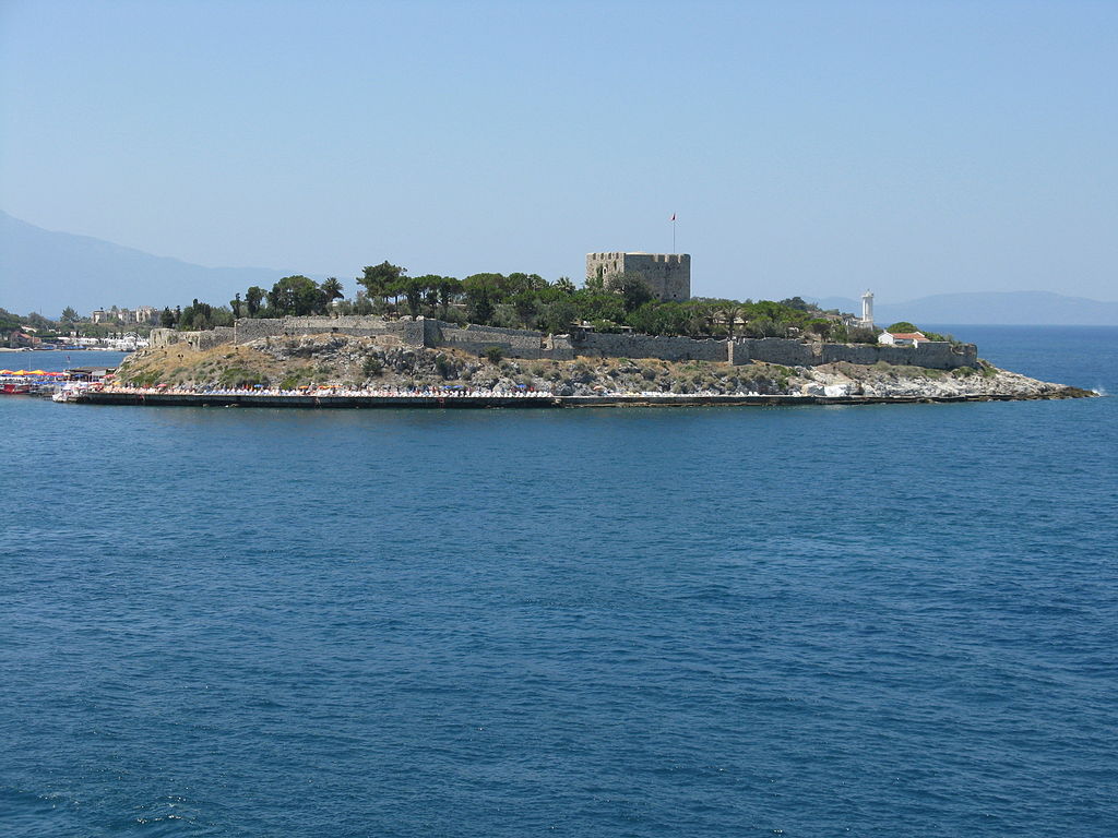View of Pigeon Island, taken from Kusadasi, with its fort surrounded by water