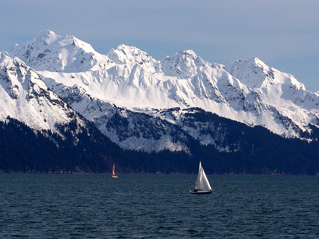 Panoramic view of Resurrection Bay with ice capped mountains in the background