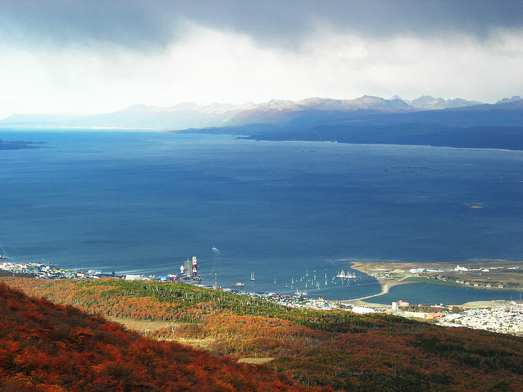 Panoramic view of Ushuaia and The Beagle Channel on a cloudy day