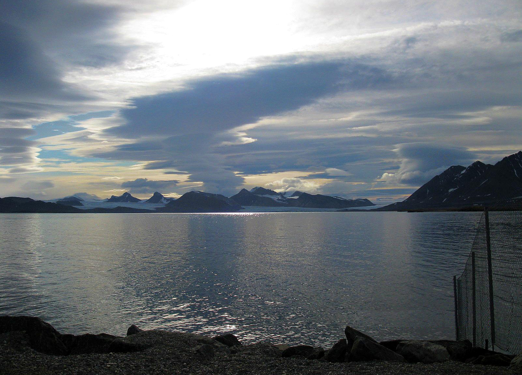 Panoramic view of Ny Alesund, Svalbard at daybreak in the summer