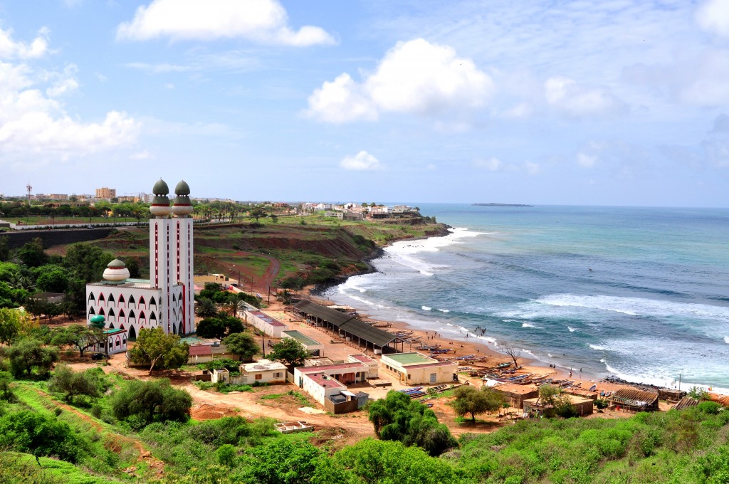 Panoramic view of the Mosquee de la Divinite in Ouakam with the beach and blue sea in the backdrop