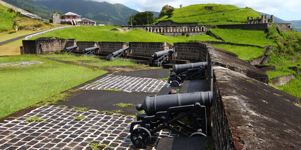 Pristine surroundings of Brimstone Hill Fortress, including cannons, on the lovely islands of Saint Kitts and Nevis