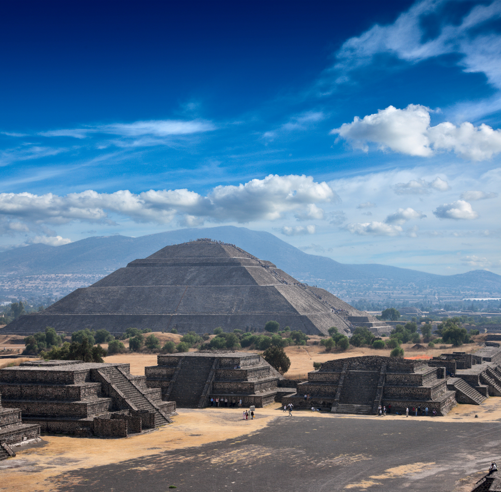 Picturesque view of the Pyramid of the Sun in Teotihuacan, Mexico from the Pyramid of the Moon